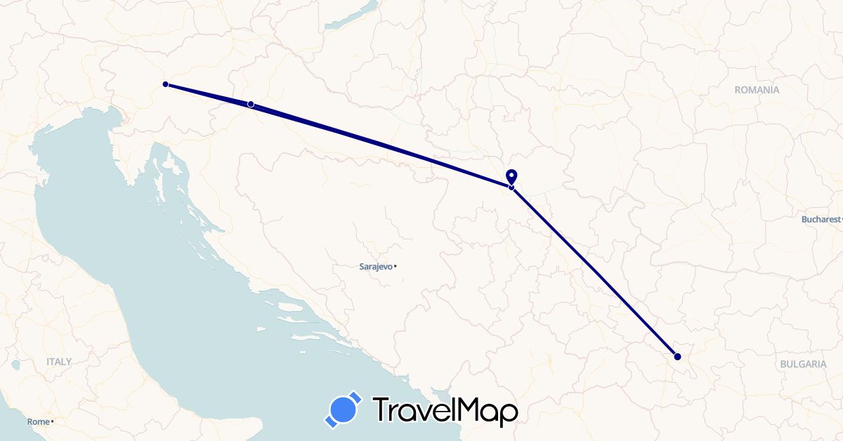 TravelMap itinerary: driving in Bulgaria, Croatia, Serbia, Slovenia (Europe)