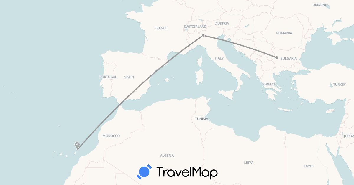 TravelMap itinerary: driving, plane in Bulgaria, Spain, Italy (Europe)